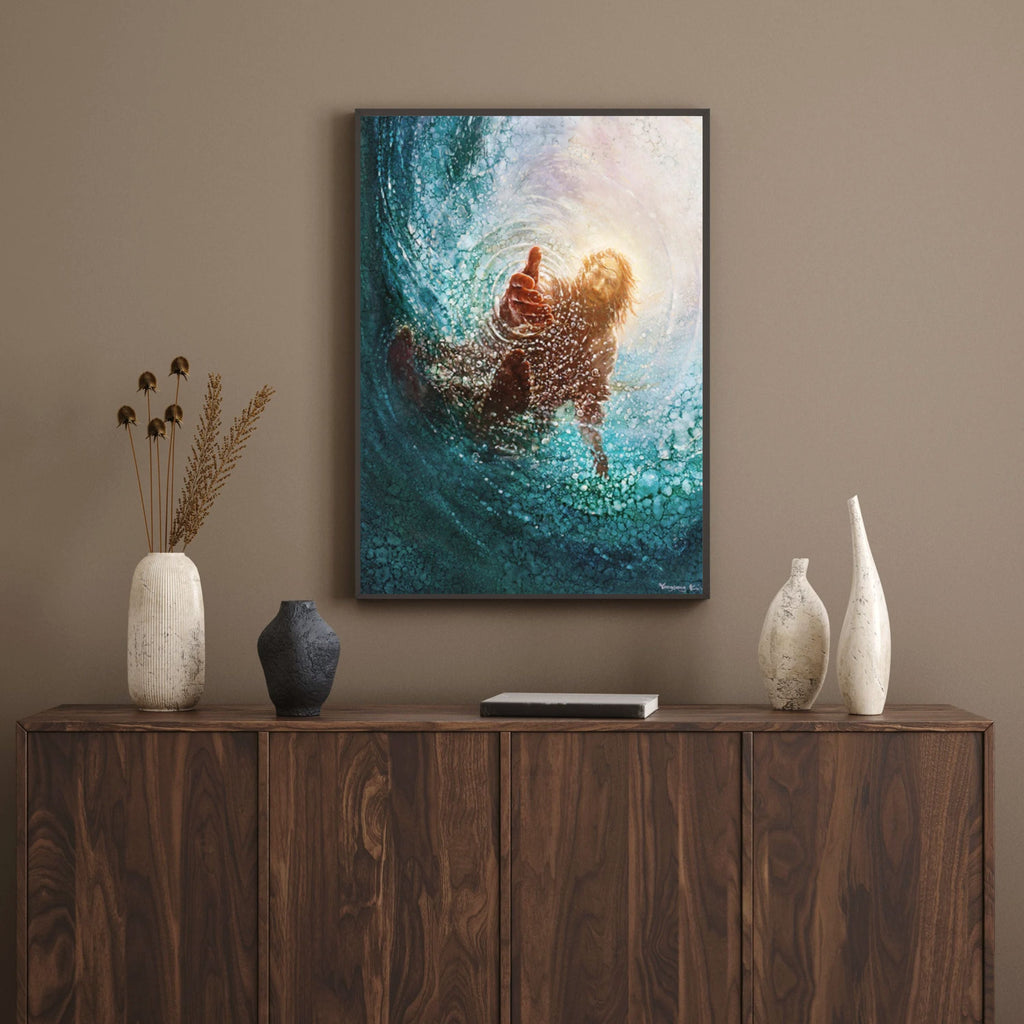 christian art jesus painting of jesus reaching into the water