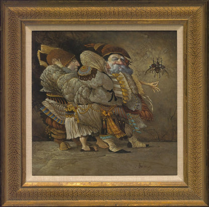 Three Scientists Debating The Aerodynamic Capabilities of The Dynastes Beetle Original Artwork